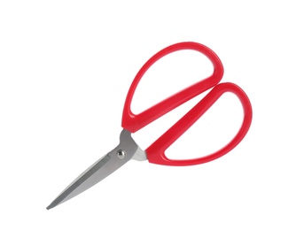 Photo of Pair of sewing scissors on white background