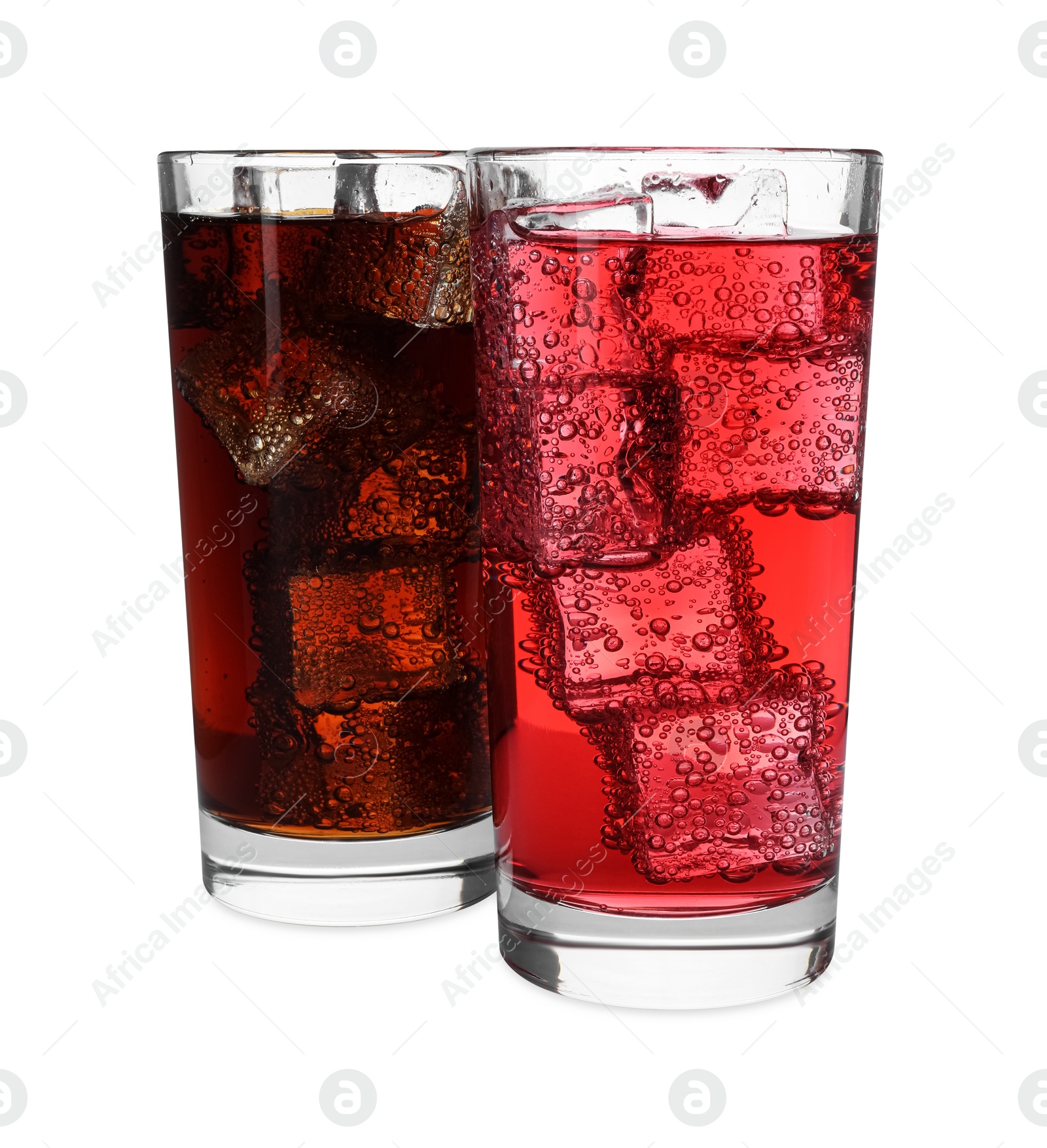 Photo of Glasses of different refreshing soda water with ice cubes isolated on white