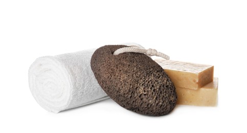 Photo of Pumice stone, towel and soap bars on white background