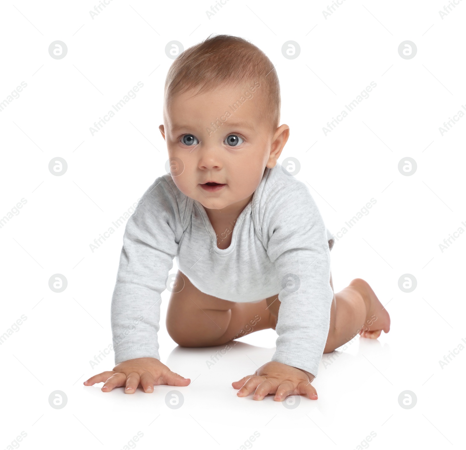 Photo of Cute little baby crawling on white background