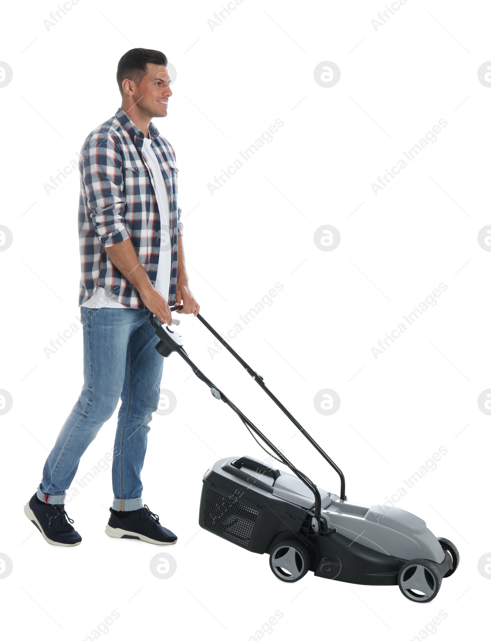 Photo of Man with modern lawn mower on white background