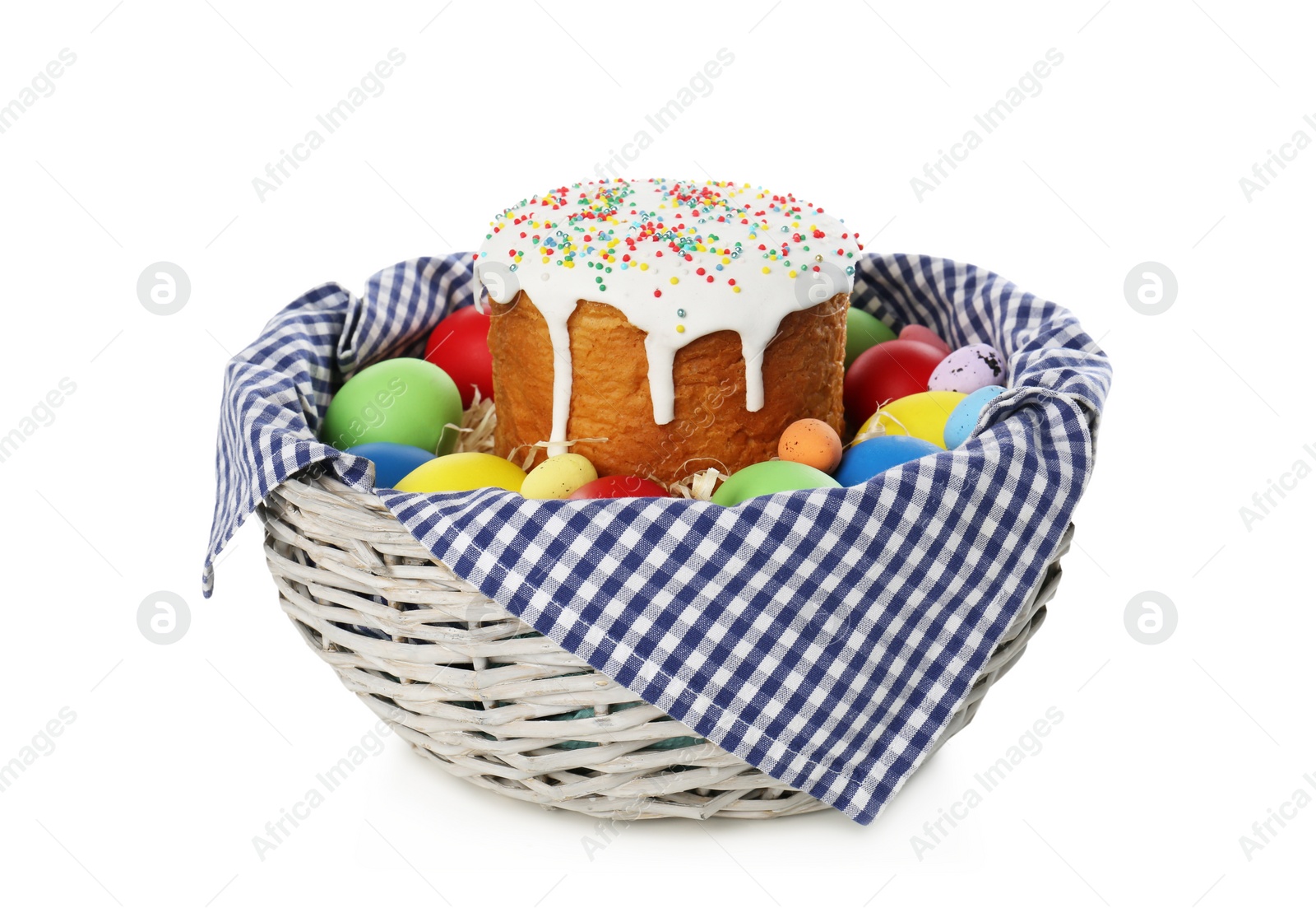 Photo of Traditional Easter cake and eggs in basket isolated on white