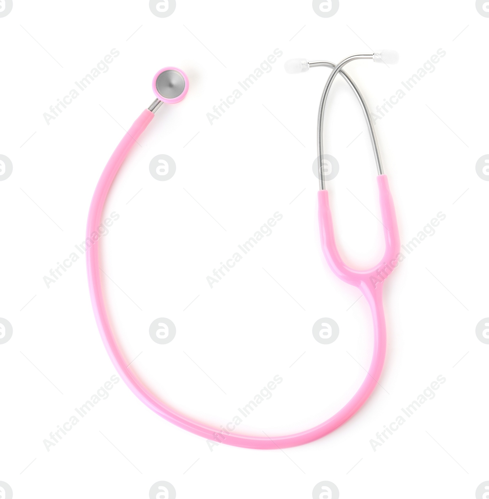 Photo of Stethoscope on white background, top view. Medical device