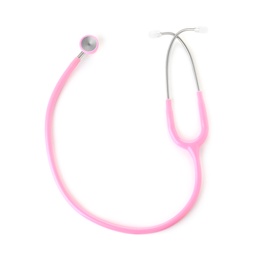 Photo of Stethoscope on white background, top view. Medical device