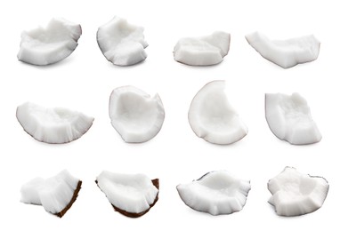 Image of Set with pieces of fresh ripe coconuts on white background
