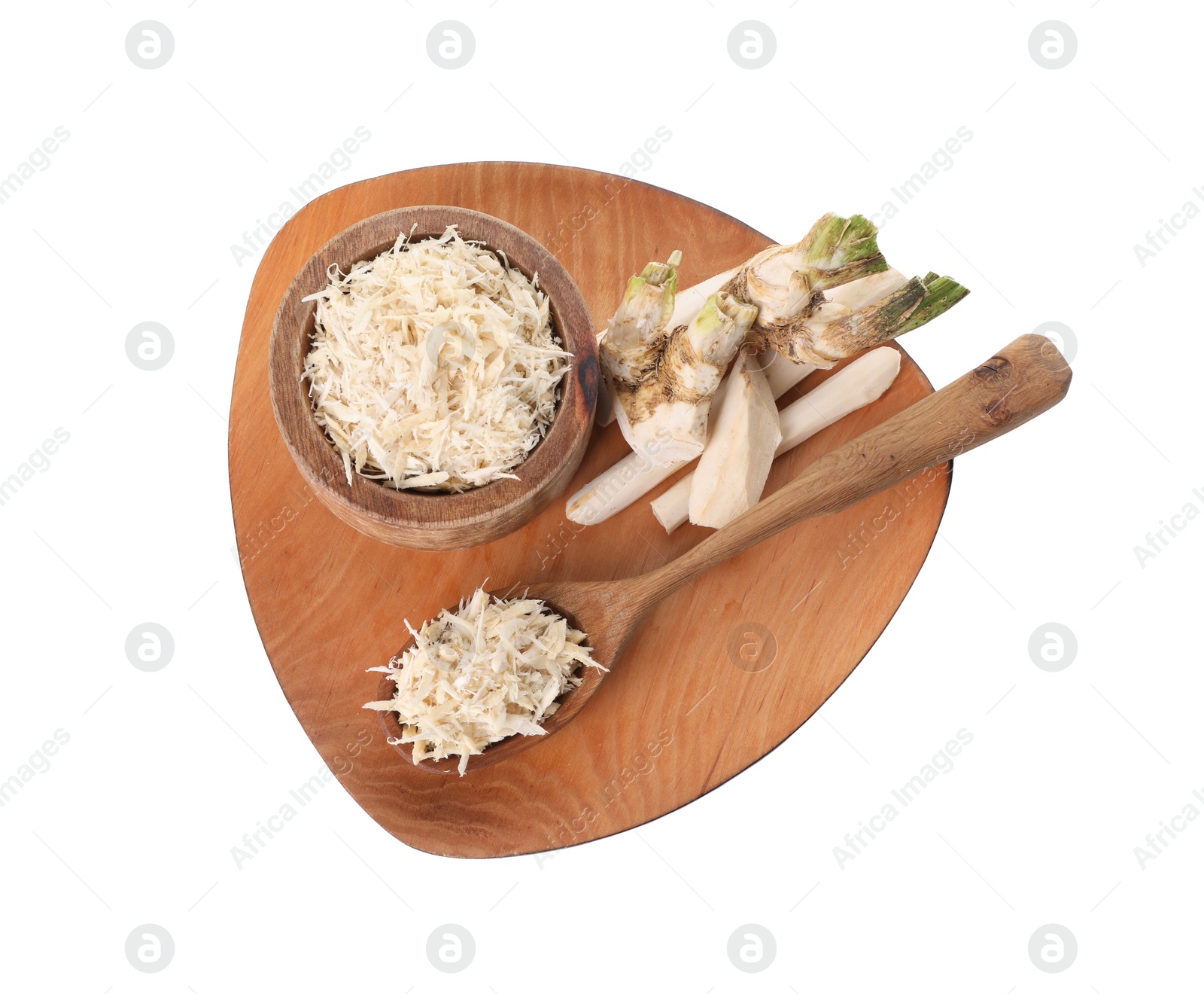 Photo of Board with grated horseradish, cut roots and spoon isolated on white, top view