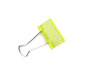 Photo of Green binder clip on white background. Stationery for school