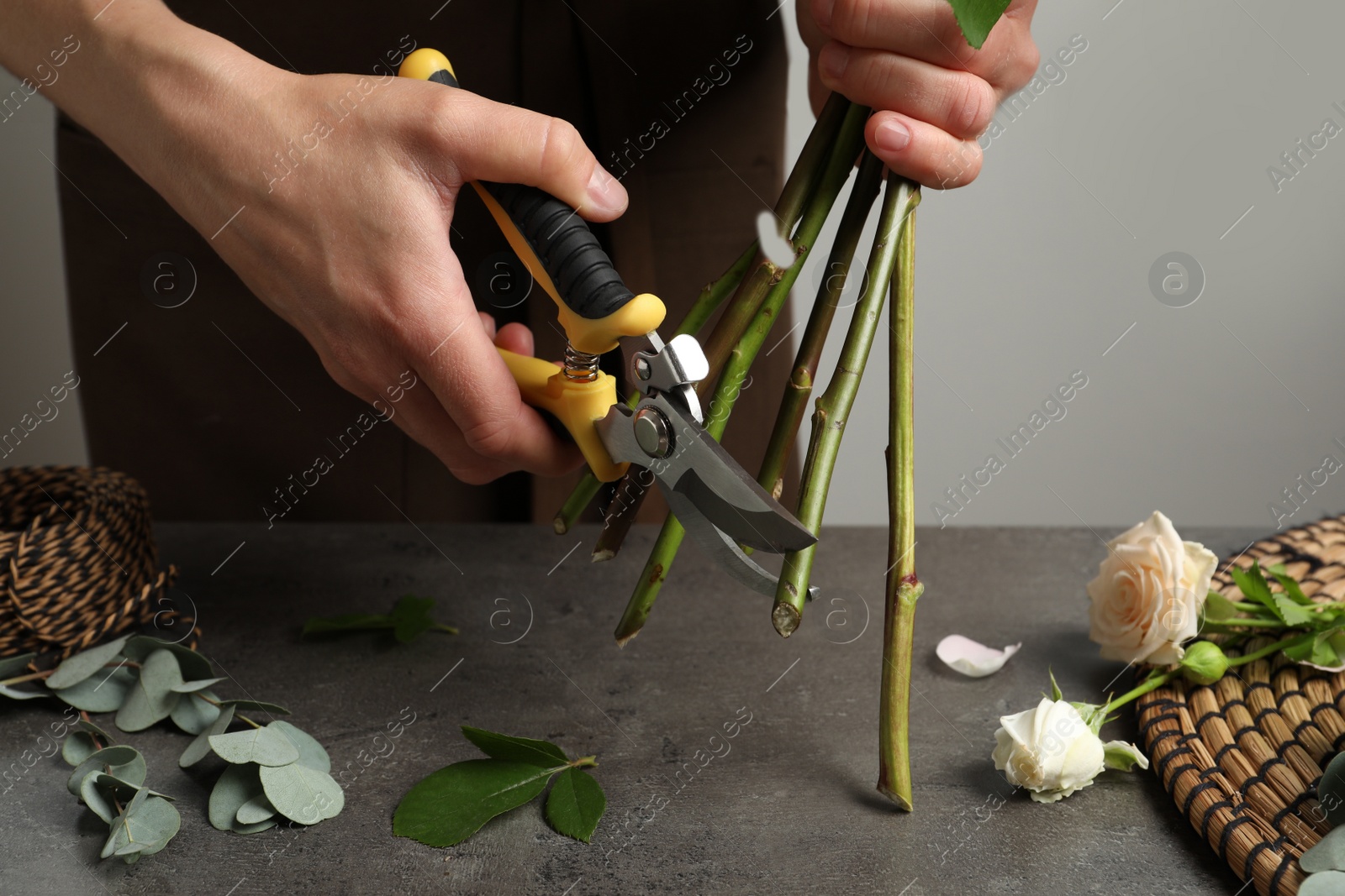 Photo of Florist cutting flower stems with pruner at workplace, closeup