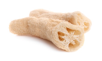 Photo of Loofah sponges isolated on white. Personal hygiene product