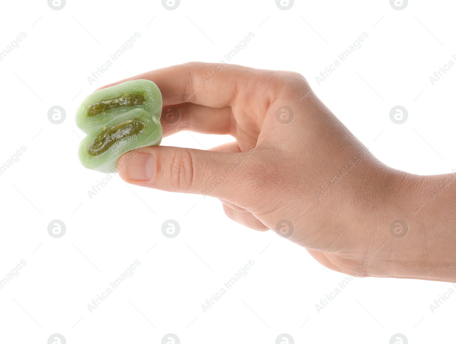 Photo of Woman with delicious mochi on white background, closeup. Traditional Japanese dessert