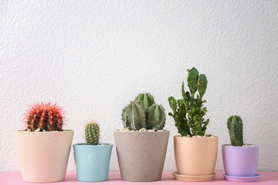 Photo of Beautiful cactuses in pots on table against light background