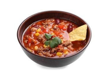 Bowl of tasty chili con carne with nachos on white background