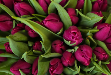 Photo of Beautiful bouquet of tulip flowers, top view