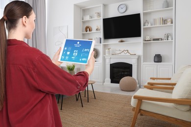Image of Woman using smart home control system via application on tablet indoors