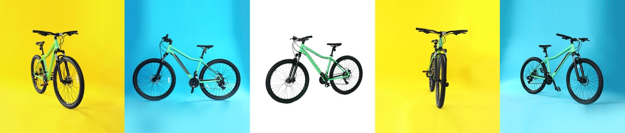Image of Collage with photos of bicycle on different color backgrounds, banner design