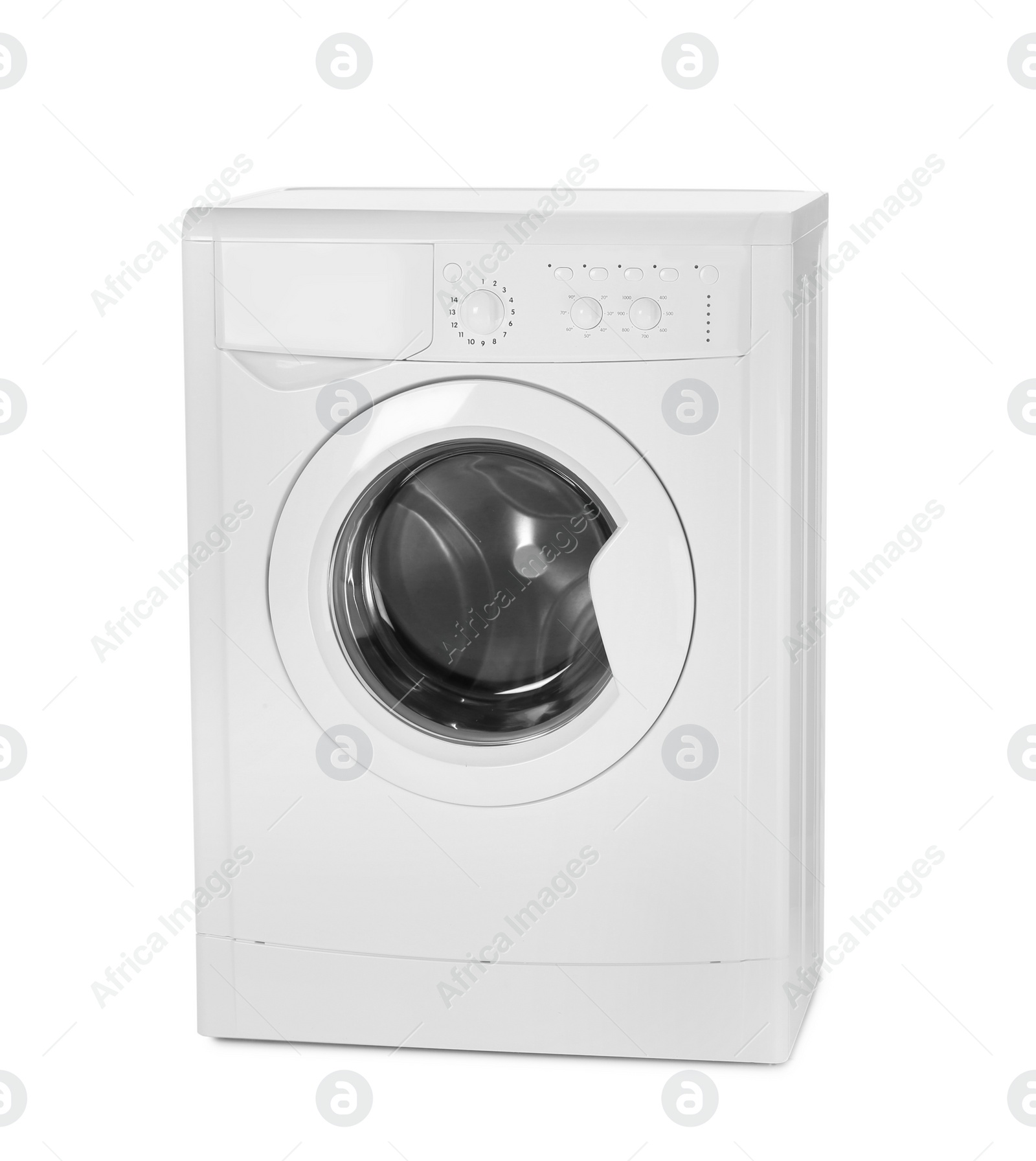 Photo of Modern washing machine isolated on white. Laundry day