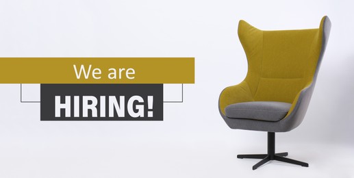 Office chair and text WE`RE HIRING on white background. Banner design