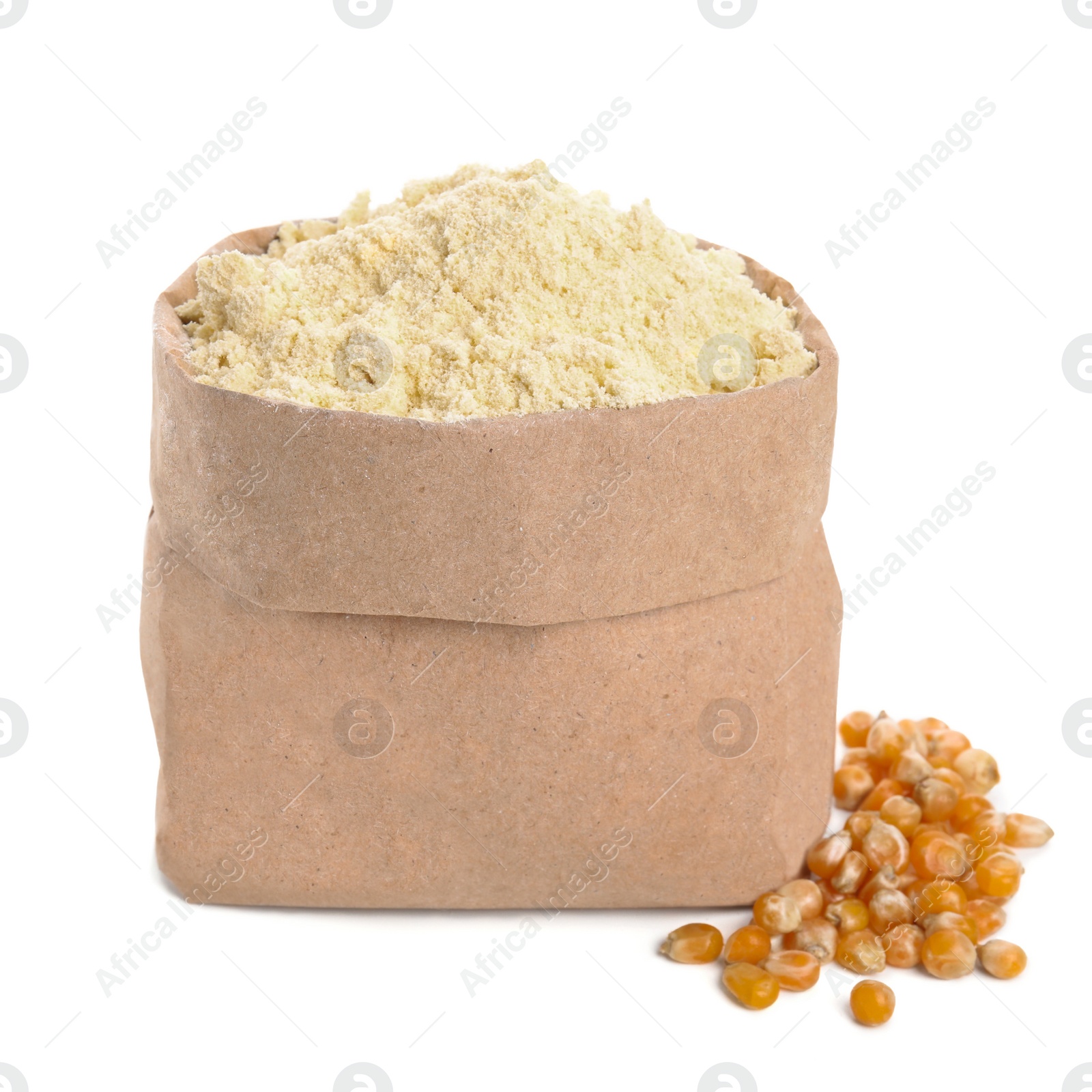 Photo of Paper bag with corn flour and seeds isolated on white