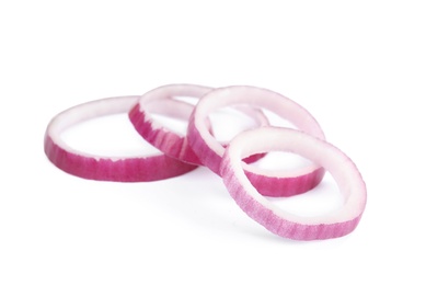 Photo of Sliced red onion rings on white background