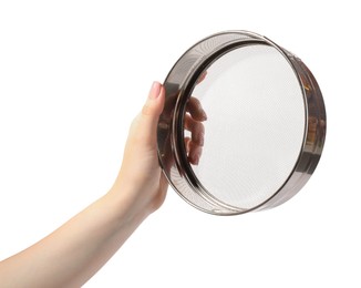 Photo of Woman with metal sieve on white background, closeup