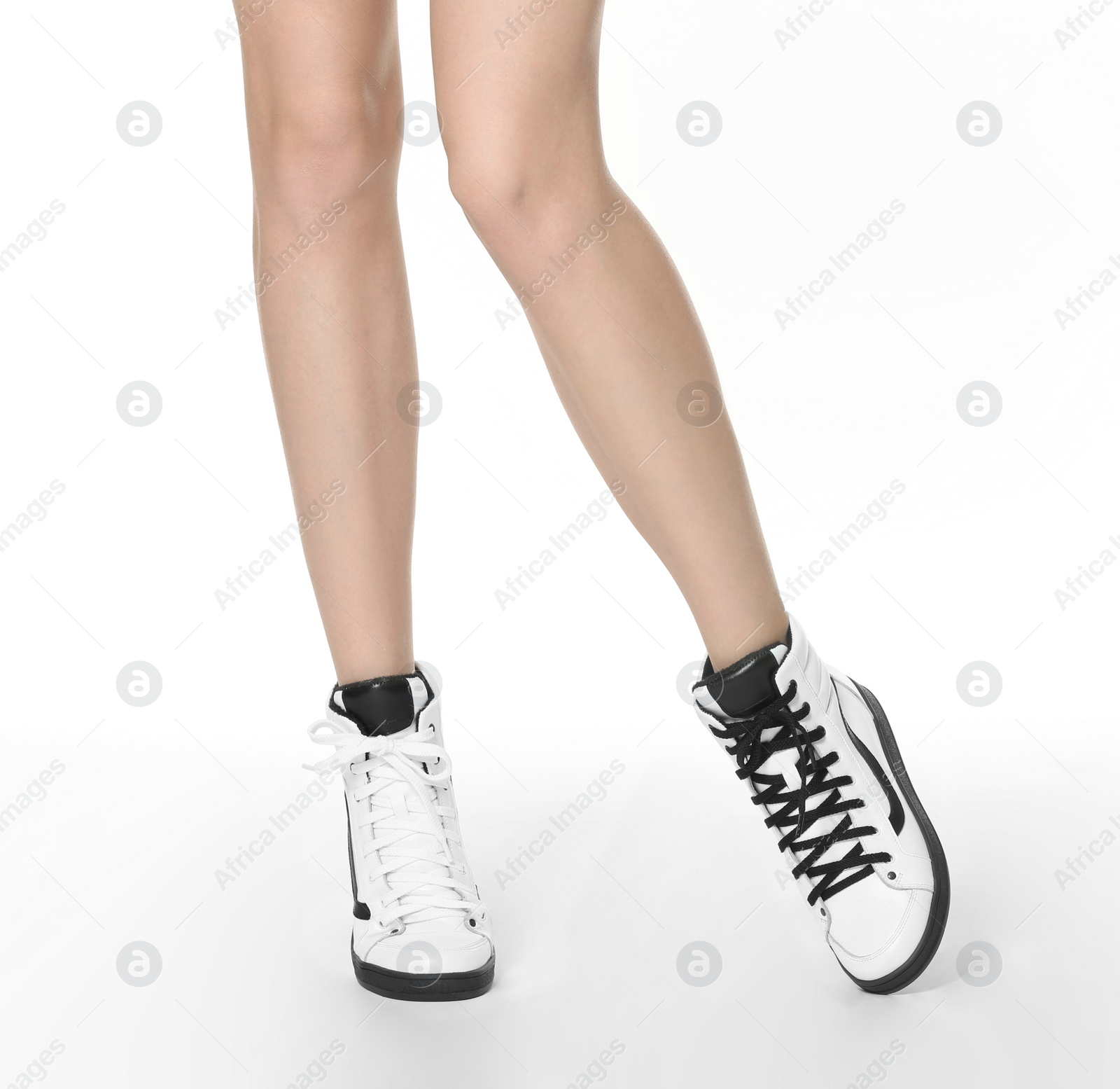 Photo of Woman in stylish shoes isolated on white, closeup