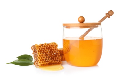 Composition with fresh honey on white background