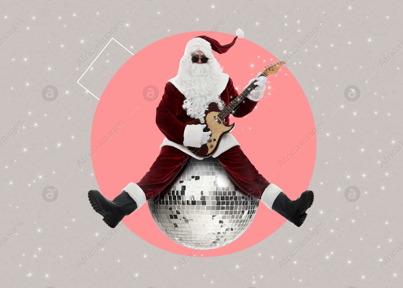 Image of Winter holidays bright artwork. Santa Claus playing guitar while sitting on shiny disco ball against color background, creative collage