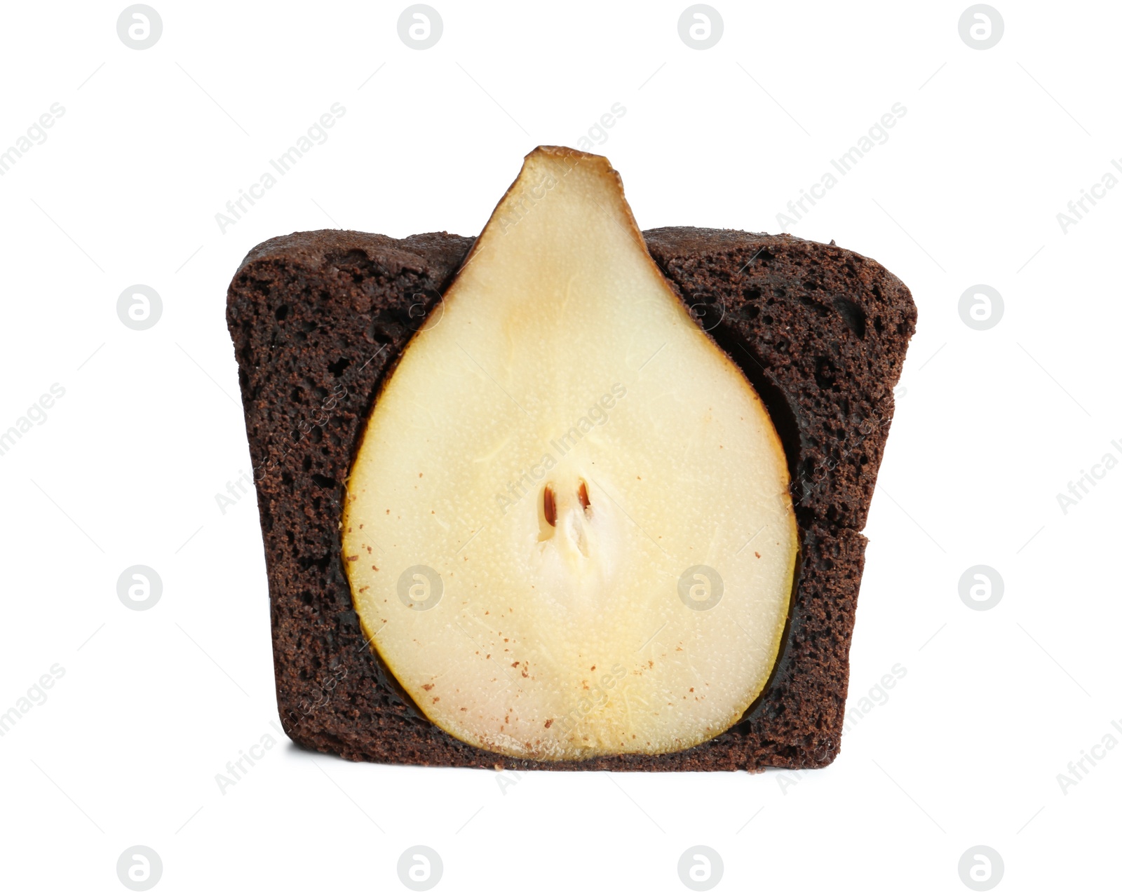 Photo of Slice of tasty pear bread isolated on white. Homemade cake