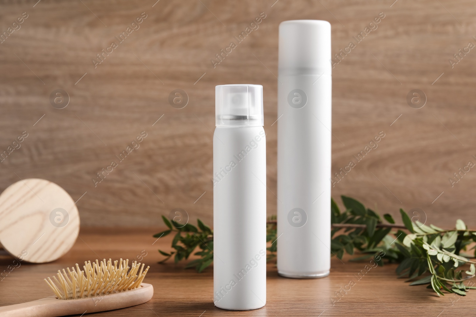 Photo of Dry shampoo sprays, green leaves and hairbrush on wooden table