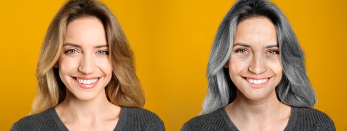 Image of Collage with photos of woman in different ages on orange background