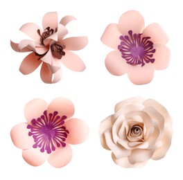 Image of Set with beautiful flowers made of paper on white background, top view 