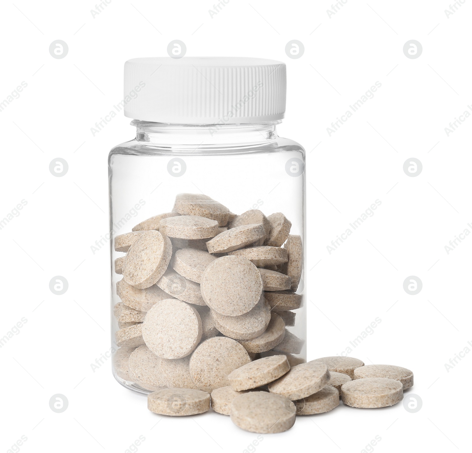 Photo of Bottle with vitamin pills isolated on white