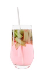 Photo of Glass of tasty rhubarb cocktail isolated on white