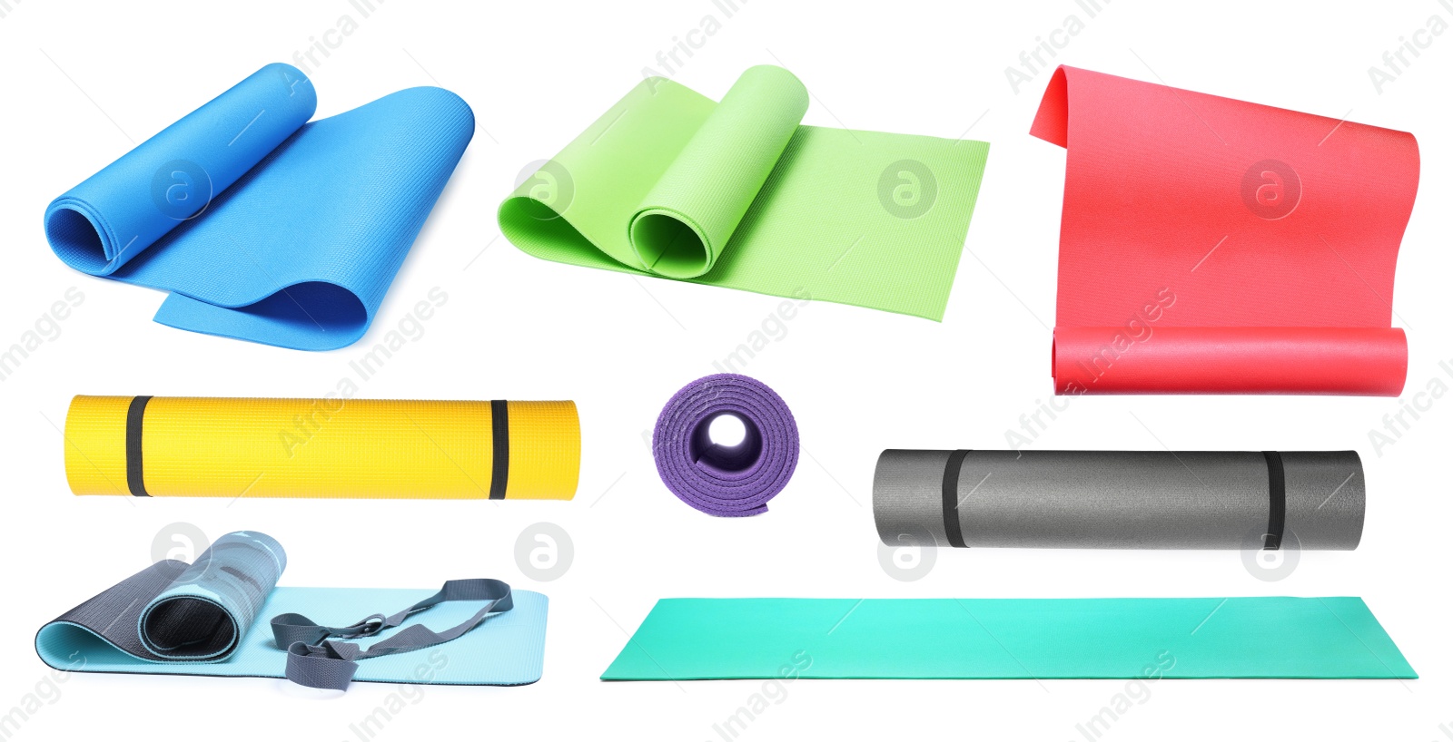 Image of Set with colorful camping mats on white background 