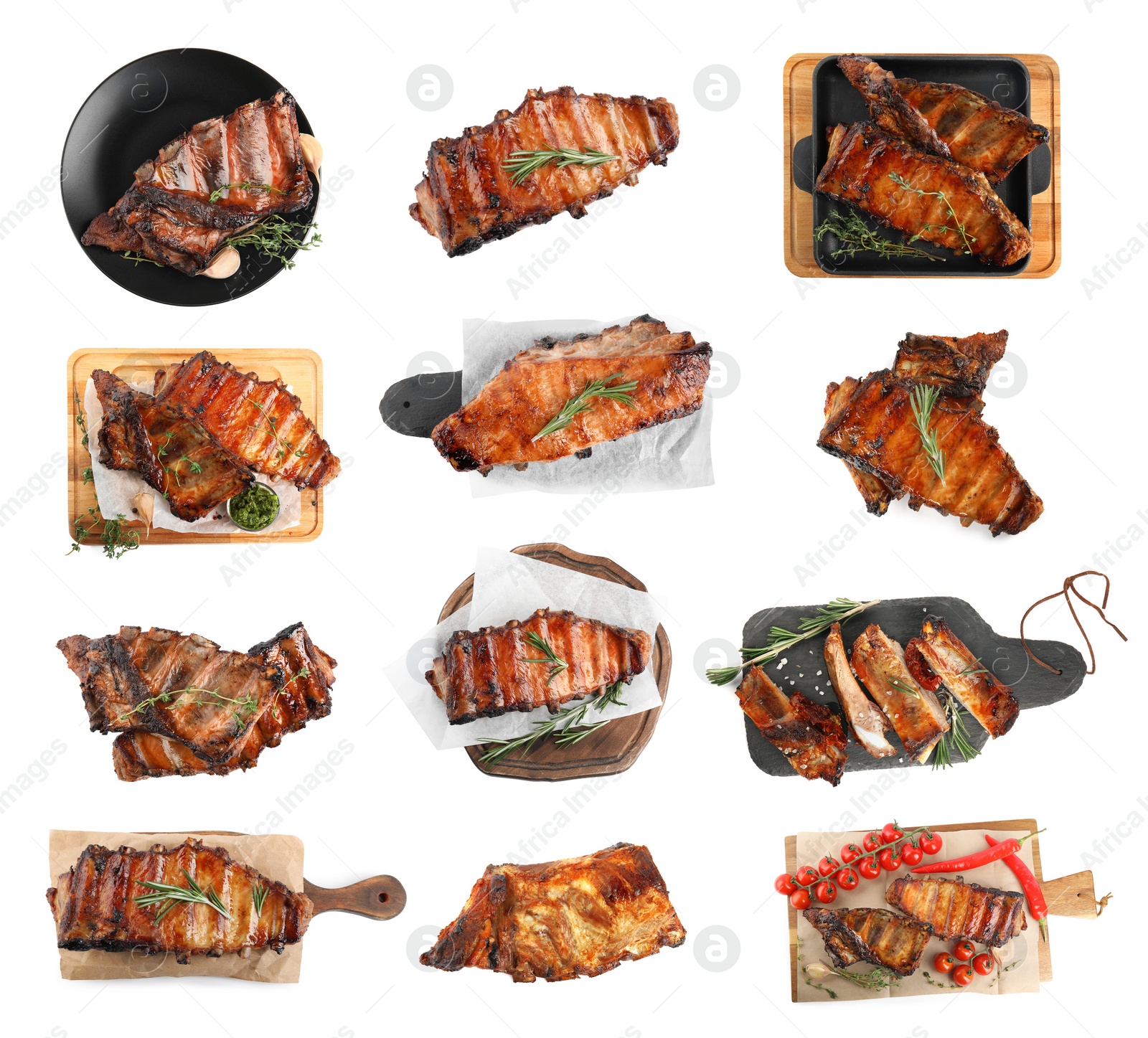 Image of Set of delicious roasted ribs on white background, top view