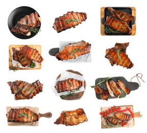 Image of Set of delicious roasted ribs on white background, top view