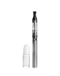 Photo of Electronic cigarette and vaping liquid on white background