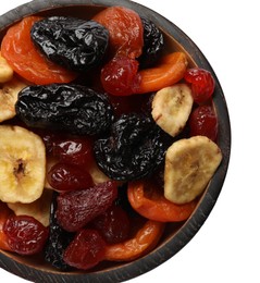 Photo of Mix of delicious dried fruits in bowl isolated on white, top view