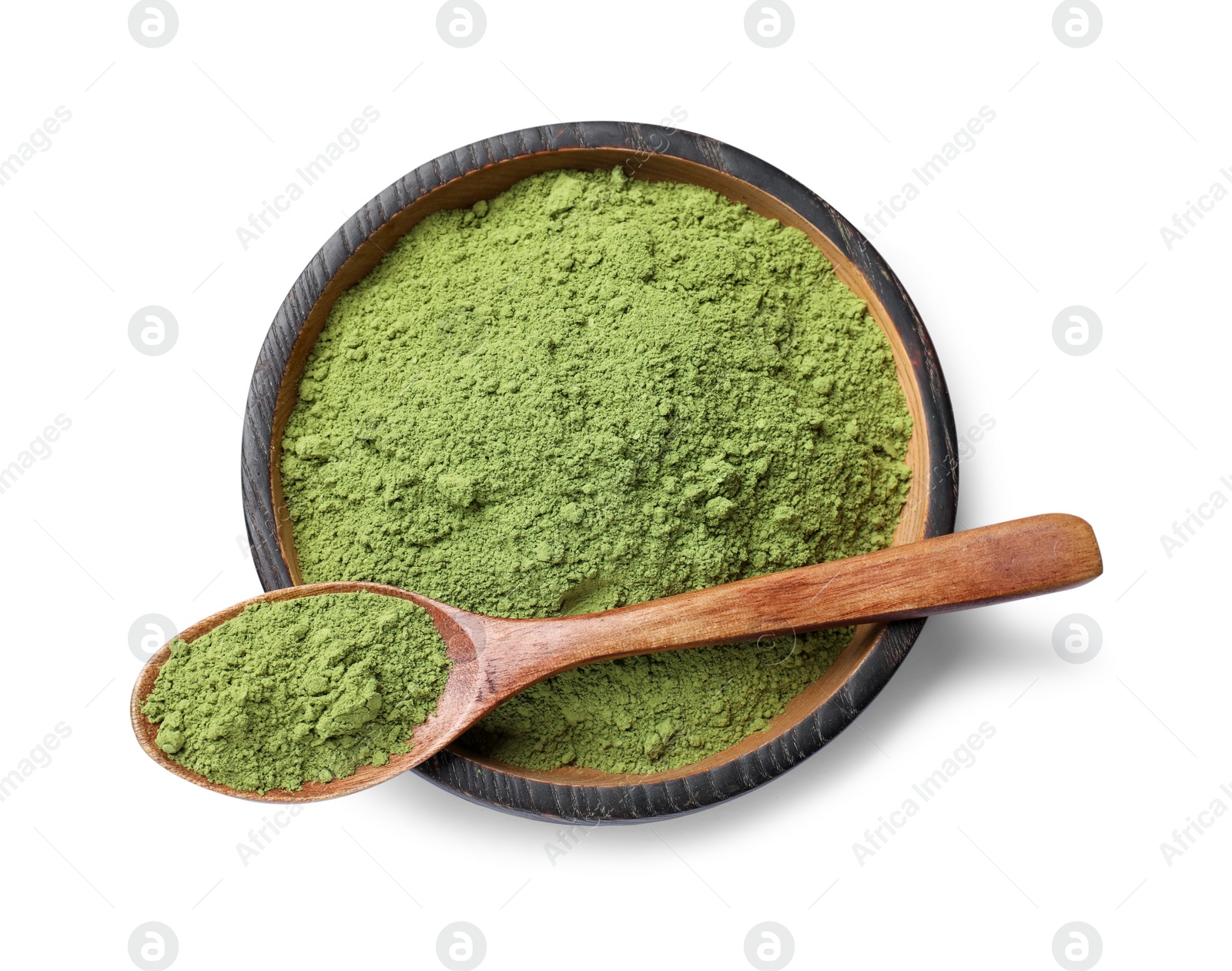 Photo of Green matcha powder in bowl and spoon isolated on white, top view