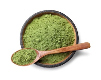 Photo of Green matcha powder in bowl and spoon isolated on white, top view