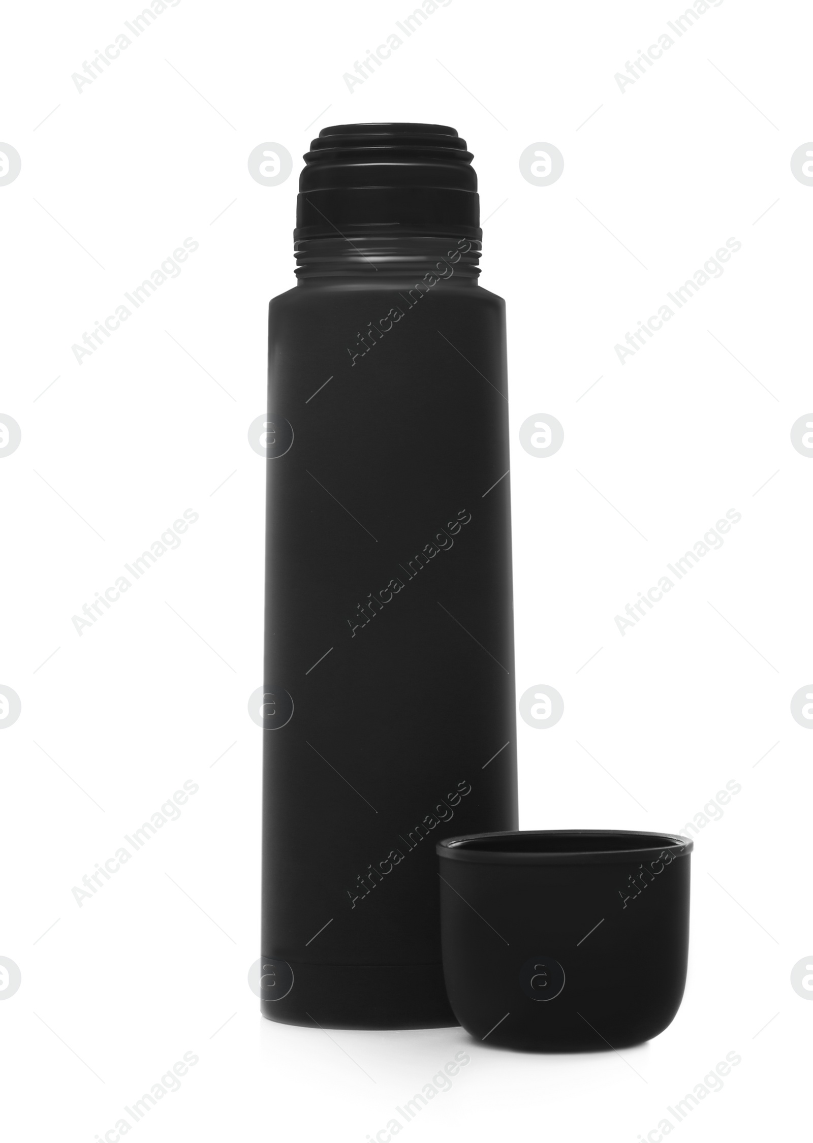 Photo of Modern black thermos and cup isolated on white