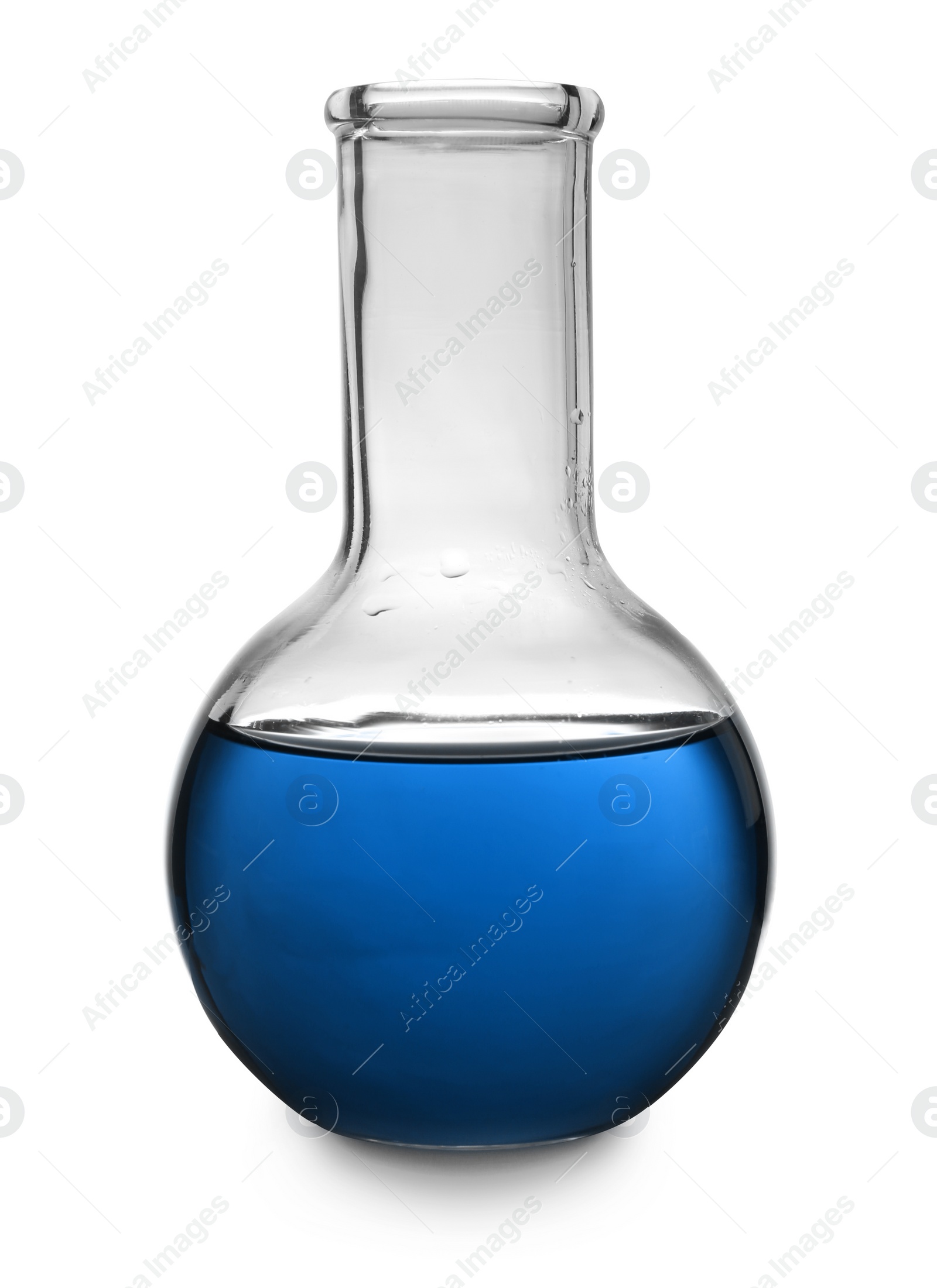 Image of Boiling flask with blue liquid isolated on white. Laboratory glassware