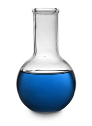 Image of Boiling flask with blue liquid isolated on white. Laboratory glassware