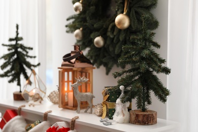 Different Christmas decorations in room. Interior design