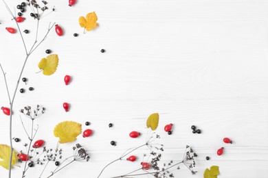 Photo of Flat lay composition with branches, autumn leaves and berries on white wooden table. Space for text