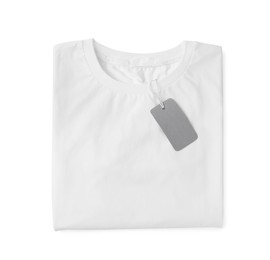 Photo of Stylish T-shirt with label isolated on white, top view