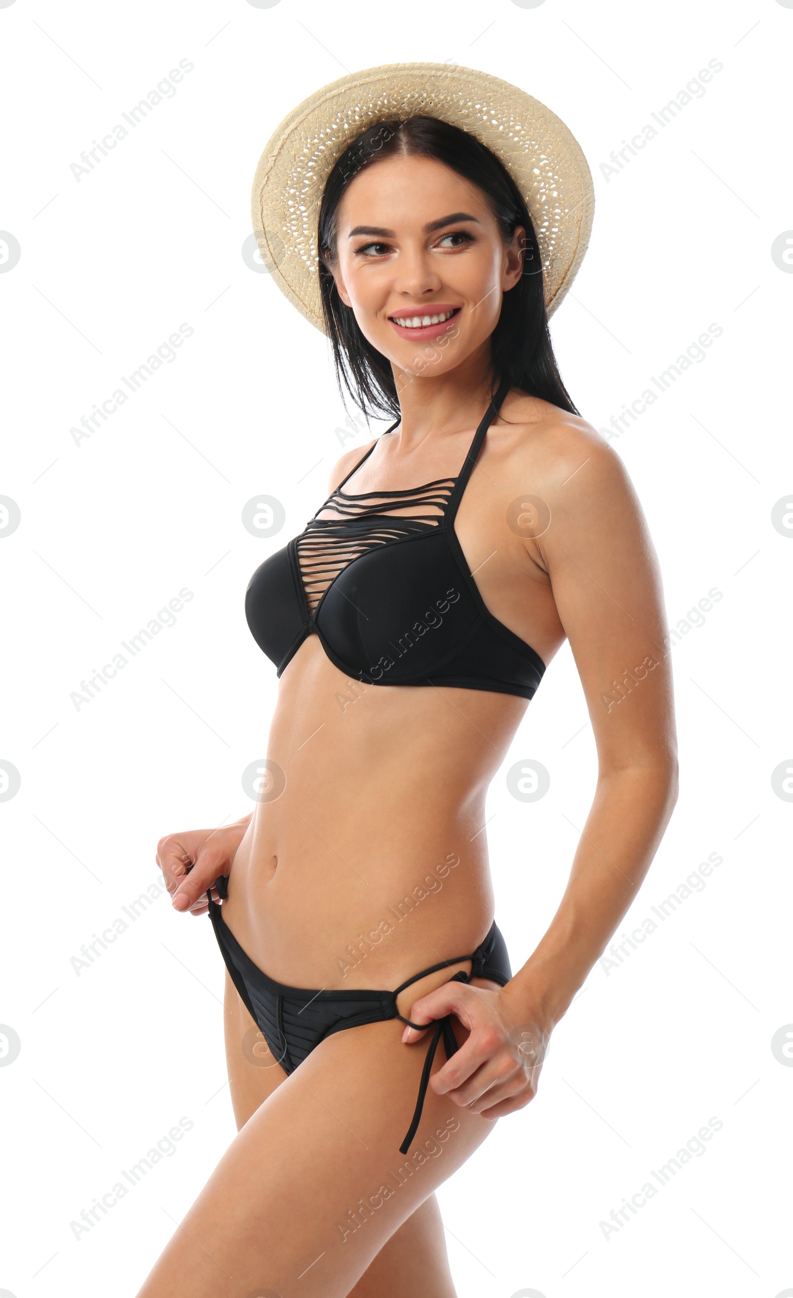 Photo of Beautiful young woman in black bikini with hat on white background