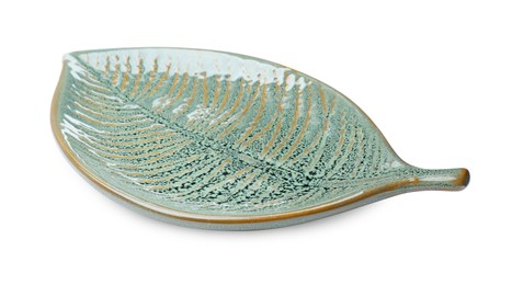 Photo of Beautiful green leaf shaped ceramic plate on white background