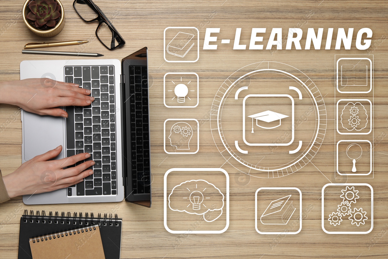 Image of E-learning. Woman working with laptop at wooden table, top view. Illustrations of different icons