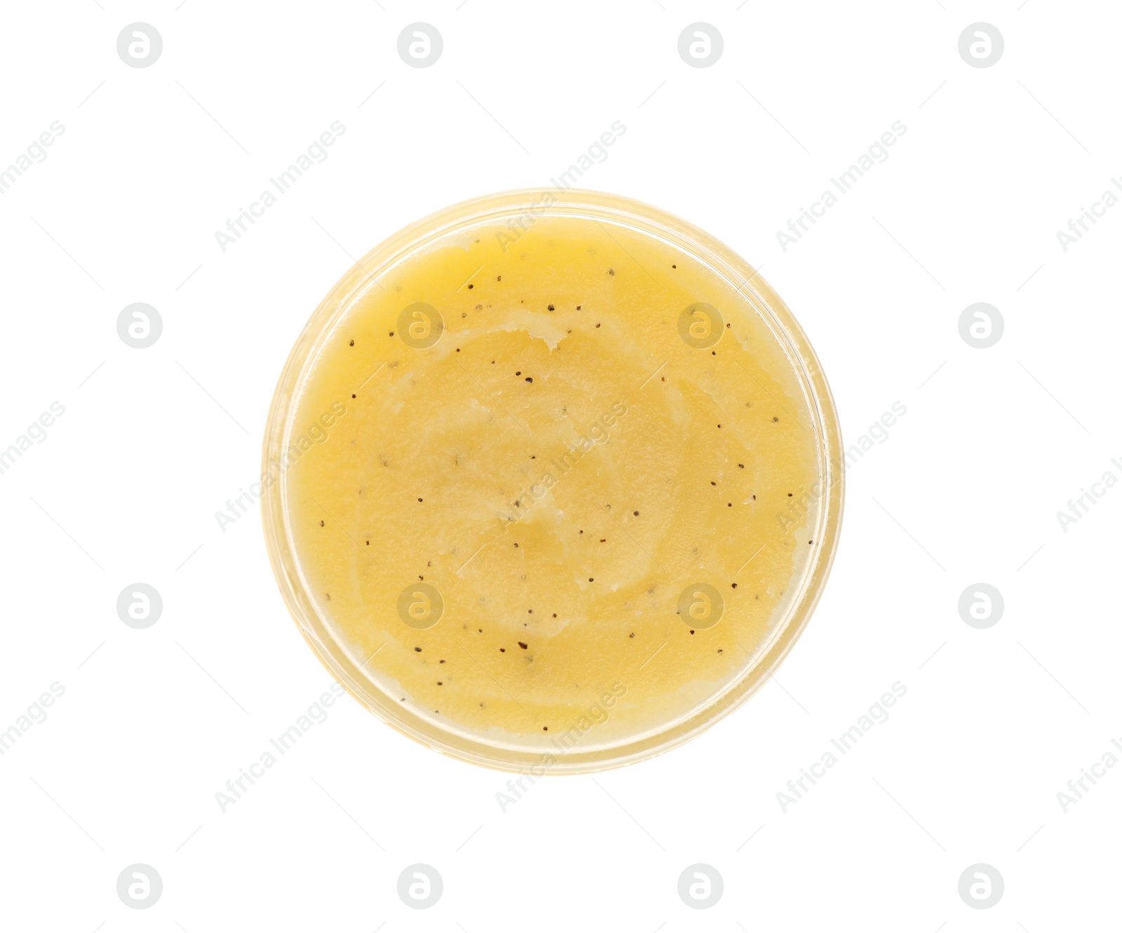 Photo of Body scrub in jar isolated on white, top view
